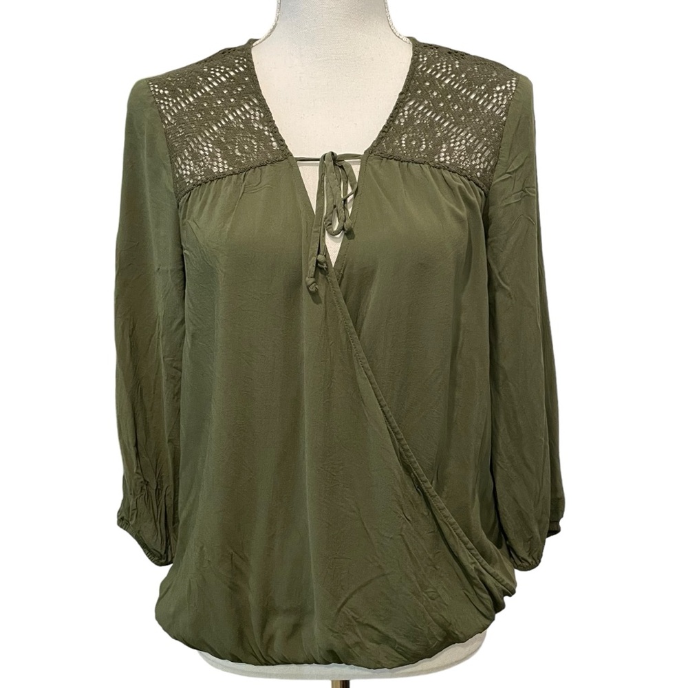 Express Olive Green Wrap Peasant Blouse with ¾ Length Sleeves. Size M